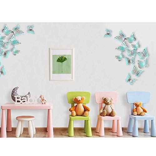 pinkblume Silver Blue Teal Butterfly Decorations Stickers 3D Butterfies Wall Art Wedding Decor Removable Wall Decals Murals for Aqua Home Living Room Babys Bedroom Showcase Nursery Art Decor (27PCS)