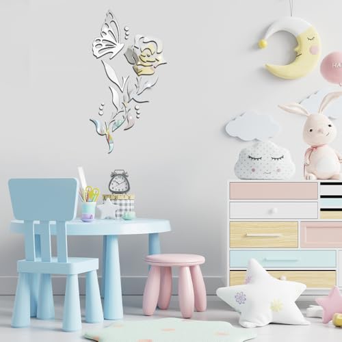 1 Set 3D Rose Mirror Wall Stickers, Acrylic Adhesive Removable Silver Wall Decor, Family Floral Art Mirror Decals Peel and Stick for Bathroom Home Living Room TV Background Sofa Backdrop Bedroom