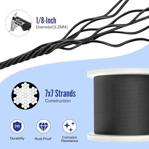 BLIKA 300FT 1/8" Black Stainless Steel Cable, T316 Marine Grade, Stainless Steel Wire Rope 7x7 Strand Construction, 1850lbs Breaking Strength Aircraft Cable for Deck Cable Railing, DIY Balustrades