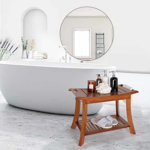 VVW Bamboo Shower Bench & Stool with Storage Shelf, Bath Benches for Inside Shower, Bathroom Stools 2-Tier Spa Seat for Adults Elderly (Walnut)
