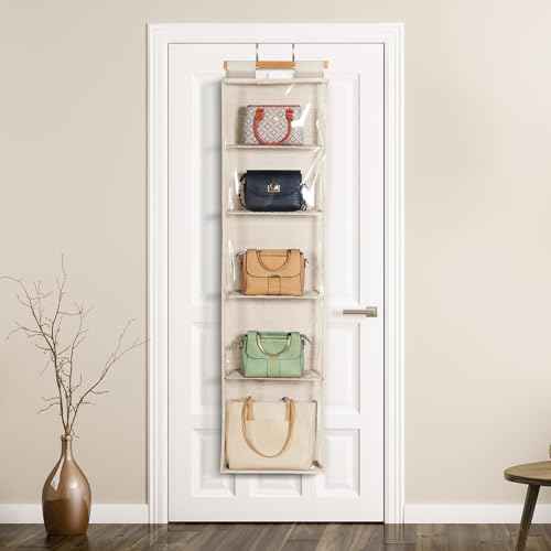 Syeeiex Hanging Handbag Purse Organizer with Zippers, 5 Mesh Shelves,Clear Slubbed Fabric+PVC Hanging Closet Bag Organizer, Dustproof Handbag Closet Tote Storage Bag for Door, Wardrobe, Beige