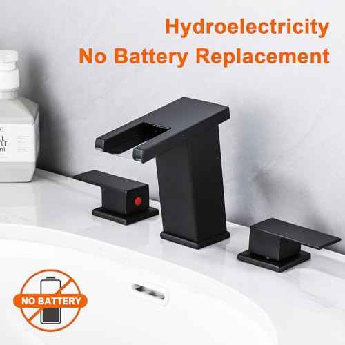 LED Bathroom Faucet 3 Hole, Matte Black Waterfall Bathroom Faucets, 8 Inch Widespread Modern Bathroom Sink Faucet & Parts, Wide Spread Touch On Three Hole 2 Handle Bath Vanity Faucet Mixer