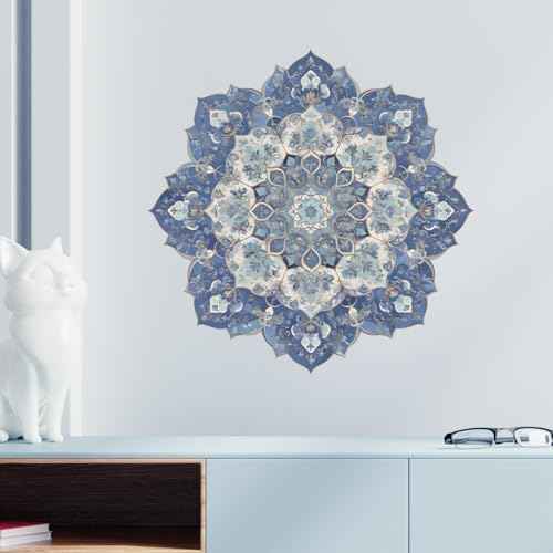 Zen Blue Floral Mandala Wall Decals Removable Boho Vinyl Stickers for Meditation Living Room and Yoga Space Floral Decor Peel and Stick Wall Art