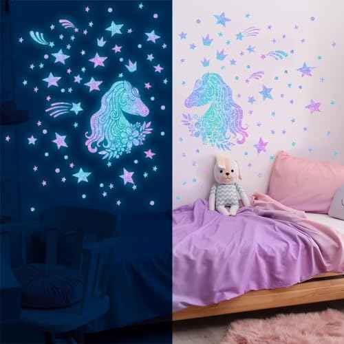 33.46 x 20.47 Inch Glow in The Dark Unicorns Wall Decals Unicorns Stars Wall Stickers Blue Luminous Glow Stars Ceiling Stickers Decor for Baby Girls Boys Bedroom Ceiling Nursery Room