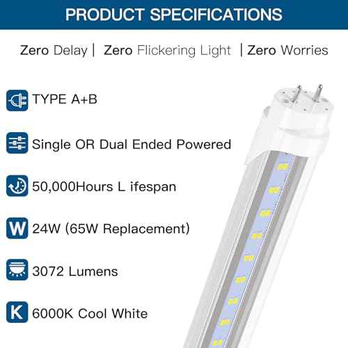 Fluorescent Light Bulbs 48 inch,T8 LED Bulbs 4 Foot Type A+B,24W 3200LM 6500K Clear Cover Super Bright,Single and Double End Powered,T8 T10 T12 Fluorescent Bulbs Replacemen(6-Pack)