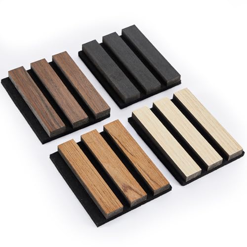 Samples 4-Pack 6" x 4.7" Wood Slat Acoustic Panels - Include Black, Walnut, Oak, Teak