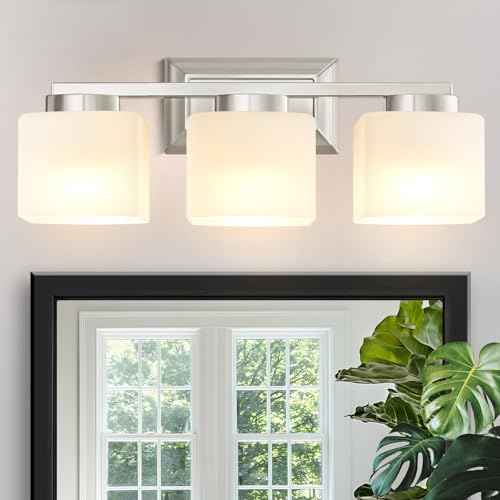 3-Light Bathroom Light Fixtures - Brushed Nickel Bathroom Vanity Lights with Glass Shade Modern Bathroom Lighting Fixtures Over Mirror - Wall Sconce Lamps for Bedroom,Living Room,Hallway