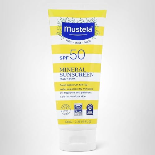 Mustela Baby Mineral Sunscreen Lotion SPF 50 Broad Spectrum - Face & Body Sun Lotion for Sensitive Skin - Water Resistant & Fragrance Free - Regular & Family Size