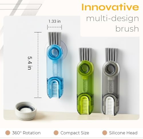 Multifunctional 3-in-1 Cleaning Brush for Cups, Bottles & Keyboards – Portable Glass & Lid Gap Cleaner for AirPods, Hard-to-Reach Corners – ABS & Silicone Compact Design (Blue/Dark Grey/Green).