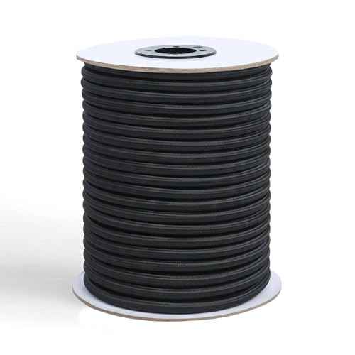 Strong and Durable Bungee Cord - 3/8" x 100ft Elastic Cord, Kayak Stretch String Rope, Bungee Shock Cords for Repairing Tent Poles, DIY, Tie Downs, Black
