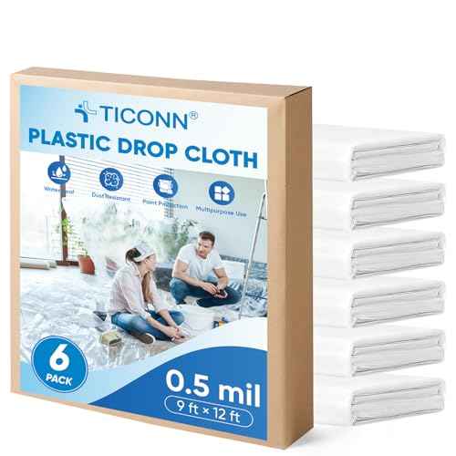TICONN 12 x 9 Ft Plastic Drop Cloth for Painting, Waterproof Painters Plastic Sheeting, Painting Tarp for Furniture Cover, Floor Protection (6PK, 0.5Mil)