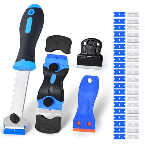4 Pack Razor Blade Scraper Set with 20 Pcs Extra Replacement Metal and 20 Pcs Plastic Razor Blades, Scraper Tool for Cleaning Cooktop, Paint, Tile, Window, Glass