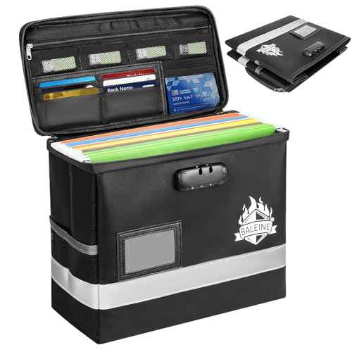 BALEINE Fireproof Document Box with Lock, Portable Fireproof Document Bag Waterproof Fire Proof File Boxes for Documents, File Organizer Box for Important Paperwork (Black, 12.5''x10.5''x6'')