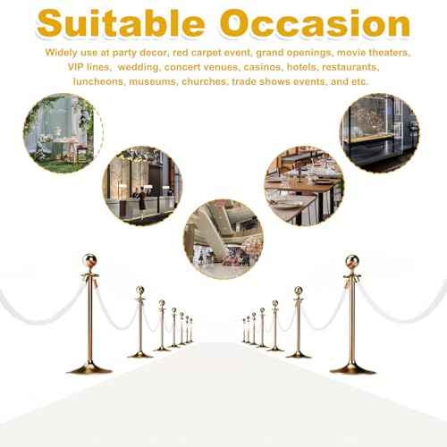 4 Pack 5 Feet White Velvet Stanchion Rope, Crowd Control Ropes with Gold Clasps, Foam Core Queue Safety Sarriers Stanchion Post Rope for Party Event and Red Carpet