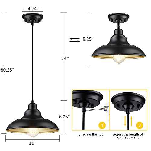 Pendant Lighting, Farmhouse Decor Adjustable Metal Hanging Lamp Ceiling Lamp, Hanging Light Fixtures, Industrial Black Pendant Lights for Kitchen Island Dining Room Barn, E26 Base, 2 Pack
