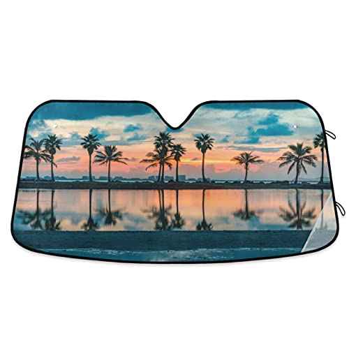 Beach Palm Windshield Sun Shade - Foldable Car Front Window Sunshades for Most Sedans SUV Truck - Blocks UV Rays and Keeps Your Vehicle Cool, 55*27.6inch