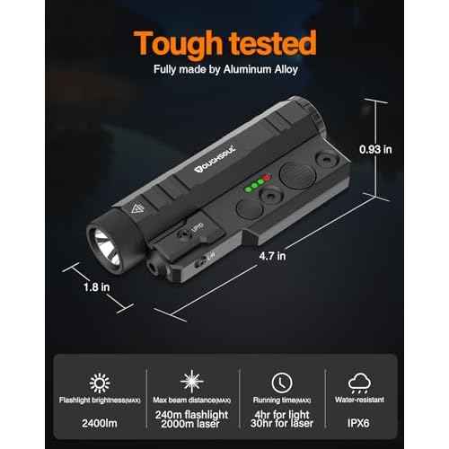 TOUGHSOUL Mlok Picatinny Tactical Flashlight Laser Sight Combo, 2400 Lumen Max Light with Green Laser, Momentary Strobe Function Rchargeable Battery Included