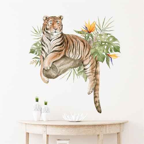 Lazy Tiger Tropical Greenery Wall Stickers, sacinora Wild Jungle Animal Wall Decals Removable Vinyl Peel and Stick for Living Room Bedroom Nursery Kids Room Art Decorations