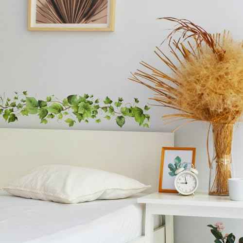 Green Leafy Vine Wall Stickers Decor 4 Pcs Green Natural Plant Wall Decals Peel and Stick Leaf Wall Stickers for Living Room Bedroom Classroom Kitchen Art Decorations