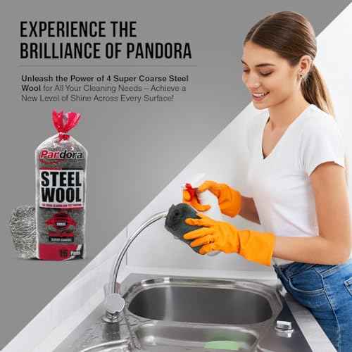 Pandora Steel Wool #4 ? Extra Coarse Grade, 16 Pads for Tough Cleaning and Pest Control - Quality Metal Strands - Ideal for Removing Stubborn Paint, Rust, Dirt, and Varnish