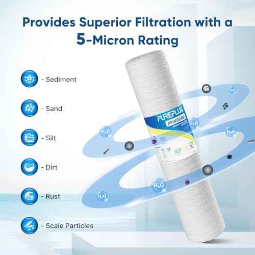 PUREPLUS 5 Micron 4.5" x 20" Whole House String Wound Sediment Filter for Well Water, Replacement Cartridge for Pentair Pentek WP5BB20P/WP25BB20P, Hydronix SWC-45-2005, SpiroPure SP-WP5-20BB, 2Pack