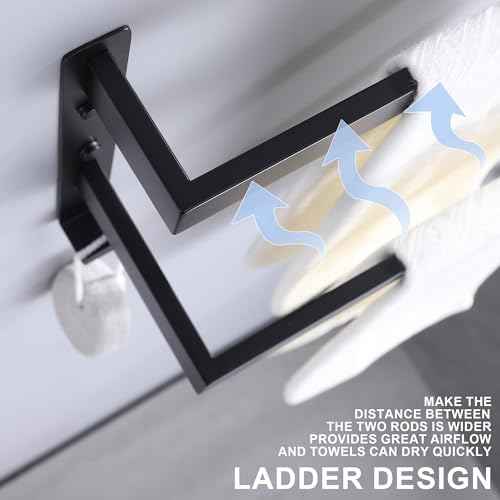 Double Towel Bar Towel Racks for Bathroom, Bath Towel Holders Wall Mount, Stainless Steel Towels Shelves Towel Rail, 2-Tiers (Matte Black, 32 Inches)