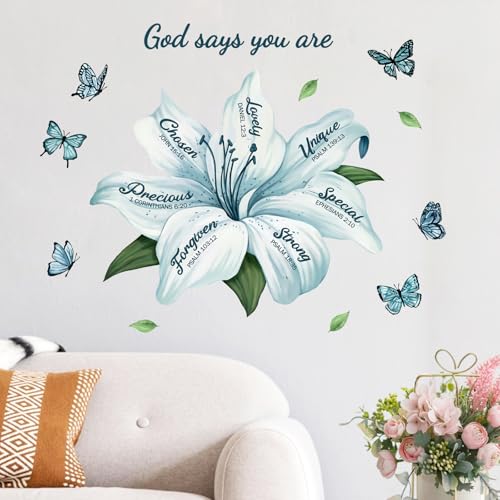 Yovkky Lily Flower Religious Inspirational Quote Wall Decals Stickers, Motivational God Says You are Teal Floral Butterfly Home Bedroom Decor, Positive Living Room Kitchen Decorations Art