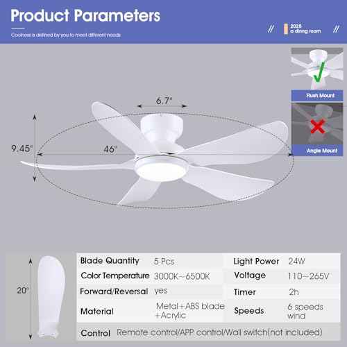 46 Inch Modern Ceiling Fans with Lights, Flush Mount Ceiling Fan with Light and Remote/APP Control, 5 Reversible 6 Speeds Curved Blades, 3 CCT Dimmable Lights for Bedroom, White