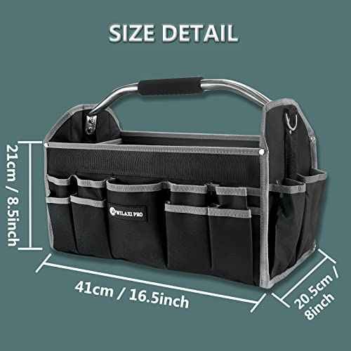 16in Tool Bags For Men Heavy Duty, Tool Bag Organizer Foldable Open Top Tool Bags, Tool Tote Bag With Handle, Wide Mouth Electrician Tool Tote, 22 PCS Pockets Tool Carrier, Grey