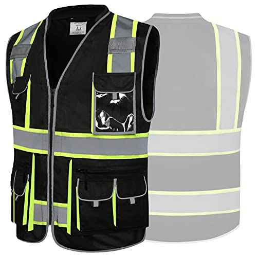 JKSafety 10 Pockets Hi-Vis Zipper Front Black Safety Vest | Cushioned Collar | High Reflective Tapes with Extended Neon Yellow Strips | Meets ANSI/ISEA Standards (X-Large, 89-Black)