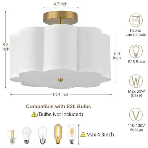 13.3"Semi Flush Mount Ceiling Light Fixture, 3-Light Modern Close to Ceiling Light With Fabric Flower-Shaped Shade, Light Fixtures Ceiling Mount for Bedroom Nursery Kids Room Living Room(Gold)