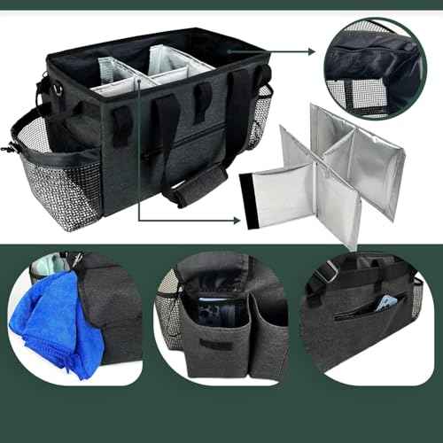 Large Cleaning Caddy Bag, Wearable Cleaning Supplies Organizer with Shoulder and Waist Straps, Multiple Compartments Organizer Tote with Detachable Divider for Cleaners (Black)