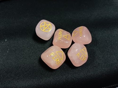 New Rose Quartz 5 Element Tumbled Stones Thick Genuine Earth Wiccan Pagan Pouch Gift Air Water Earth Fire Spirit Pentacle Star Spiritual Psychic Metaphysical Worship Altar India Asia Stone Gemstone