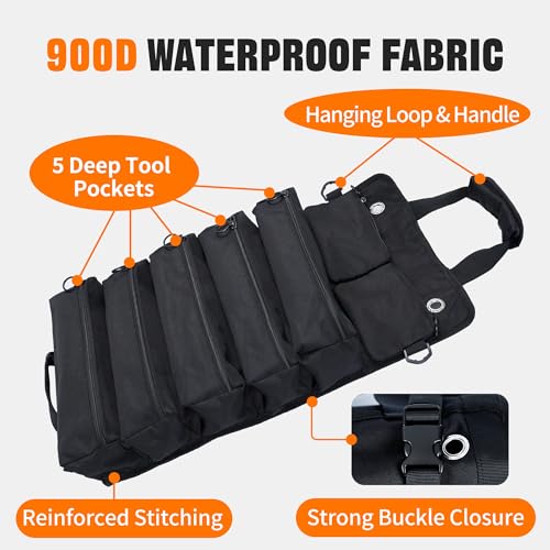 Portable Foldable Roll Up Tool Bag Organizer with 5 Compartments & 2 Detachable Pouches, Heavy Duty Waterproof Tool Pouch Bag for Secure Tool Storage, Tool Roll for Dad Men Electrician Mechanic Gifts