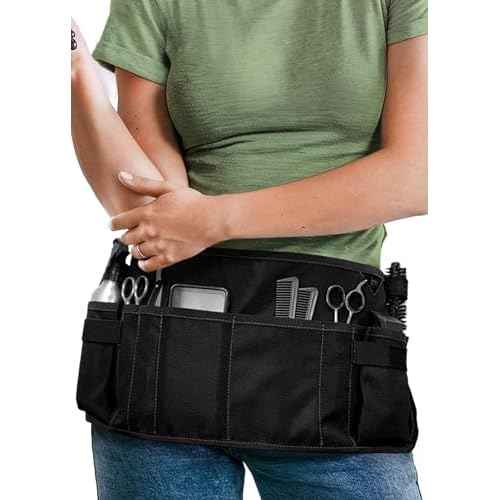 Under NY Sky Salon Waist Apron - 9 Pockets, 3 Loops, Oxford Canvas - Hair Cut Holster for Tool Storage, Shears, Brush, Trimmer - Belt Pouch - Hair Stylist, Makeup Artist, Barber, Cosmetology - Black