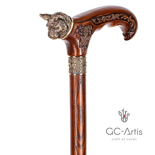 Handmade Wooden Walking Cane Stick Metal Brass Bronze Cat Handle Wooden Shaft for Men & Women stylish collectible 36''