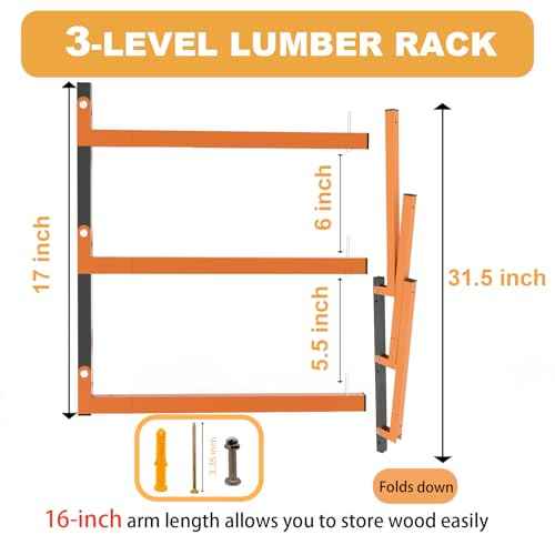 Lumber Rack Wall Mount, Heavy Duty Wood Storage Racks, 3-Level System Garage Shelving, 380 Lbs Capacity Organizer Shelves, Folding Orange Brackets, 2 Pack Hanging Metal Shelf for Indoor and Outdoor