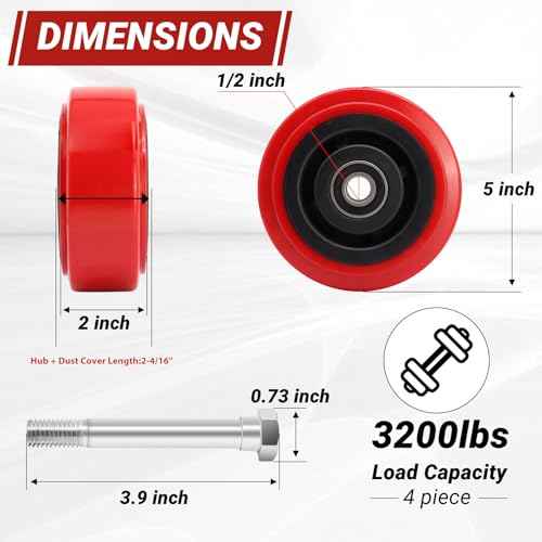 Nefish 5" X 2" Caster Wheels, Polyurethane on Polyolefin Core Wheel with Double Ball Bearing and Dust Cover 1/2" Bore Heavy Duty Replacement Caster Wheels 3200 lbs Capacity Set of 4