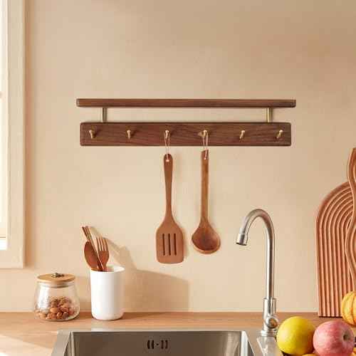 Solid Wood Shelf with Hooks, 19 inch Coat Rack Wall Mount, Shelves with 6 Brass Hooks for Hanging in Entryway, Living Room, Bathroom, Bedroom, Kitchen(Walnut)