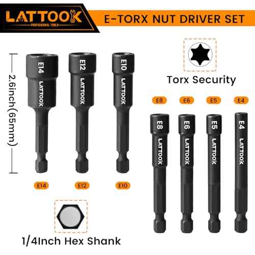E-TORX Nut Driver Set, LATTOOK 7-Piece 1/4'' Hex Shank Female Torx Nut Driver E Torx & Star Nut Driver External Star Nut Driver Set for Impact Drill, E4 E5 E6 E8 E10 E12 E14