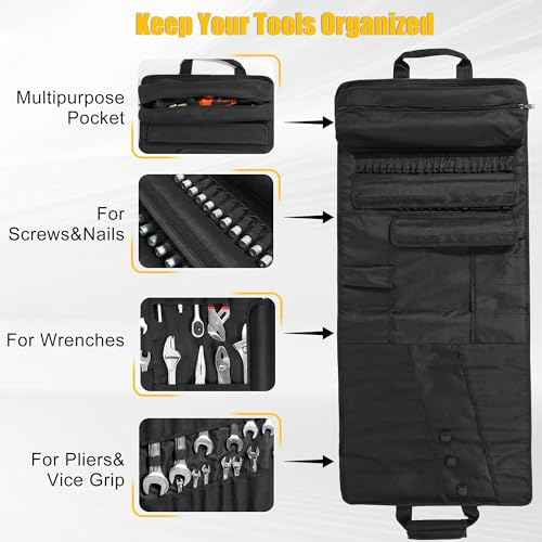 Tool Bag,Large Roll-Up Tool Bag Organizer with 28 Pocket Organizer, 34 Socket Slots, Heavy Duty Portable Tool Storage Carrier Bag for Men,Mechanic,Electrician & Hobbyist,Black