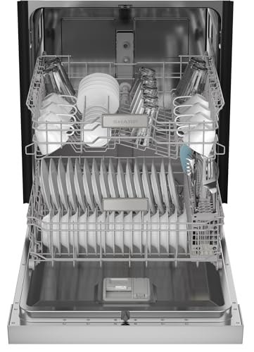 Sharp SDW6504MS Stainless Steel Dishwasher, 24-inch Pocket Handle, 52 dB, Hybrid Tub, 12 Place Settings, 5 Cycles, Heated Dry