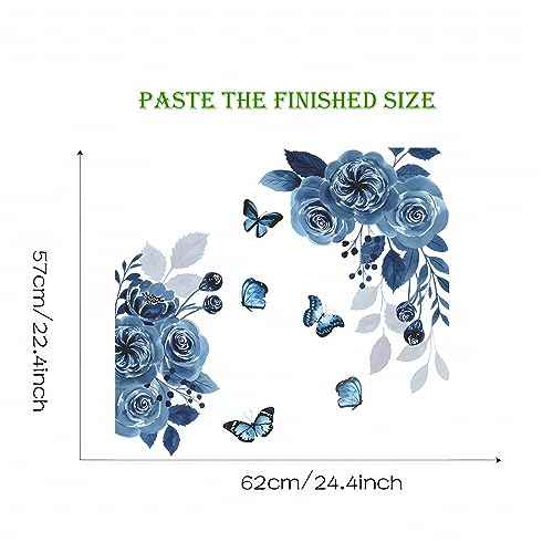 Blue Siren Peony Rose Flower Wall Stickers,sacinora Butterfly Floral Art Plants Wall Decals Removable Vinyl Peel and Stick for Living Room Bedroom Children's Room Kitchen Sofa TV Background Decoration