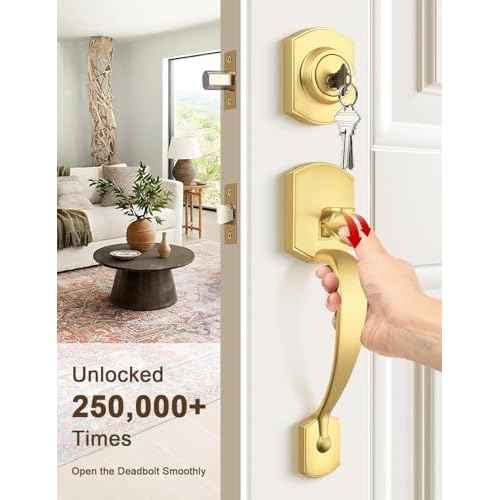 Camelot Brushed Gold Front Door Handle and Deadbolt Set, Front Door Lock Set, Satin Brass Finish, Upgated Entry Door Handle with Accent Wave Door Lever with Reversible Handle Lever, 1 Pack