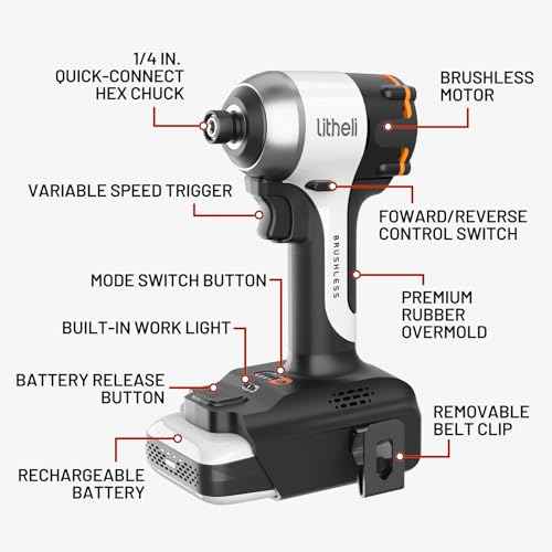 Litheli 20V Cordless Impact Driver Kit, 2035 in-lbs Max Torque, 1/4 in. Hex Power Drill/Driver with Battery (Charger not Included)
