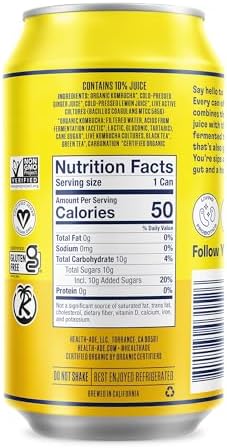 Health-Ade Ginger-Lemon Kombucha, Organic Drink, 24-Pack (11.5 Fl Oz Cans) - Fermented Tea with Probiotics, Detoxifying Acids, Supports Gut Health - Non-GMO, Vegan, Gluten-Free