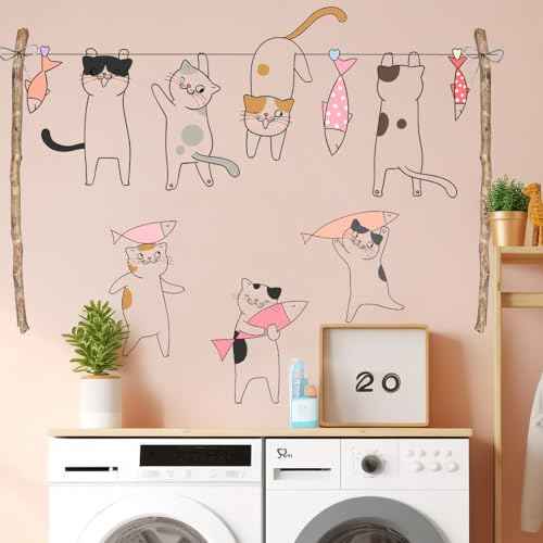 Removable Cartoon Animal Cats Wall Stickers Laundry Room Cats Clothes Hanger Fish Wall Decals Stickers for Girls Bedroom Decal Kids Nursery Sticker Bathroom Wall Art Decoration