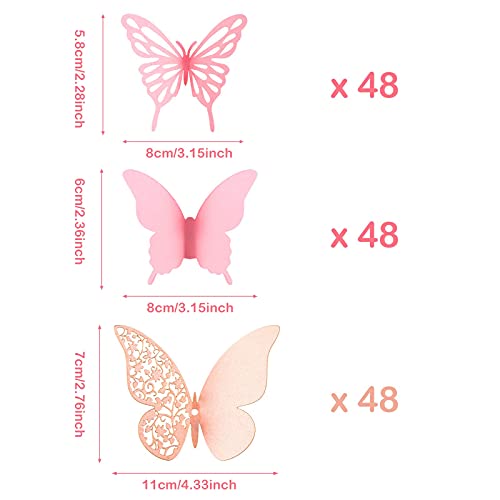 Outus 144 Pieces 3D Butterfly Wall Stickers Decor 3 Styles Butterfly Decals DIY Decorative Wall Art Cutouts Crafts Removable for Room Wedding Flower Party Decorations,(Pink)