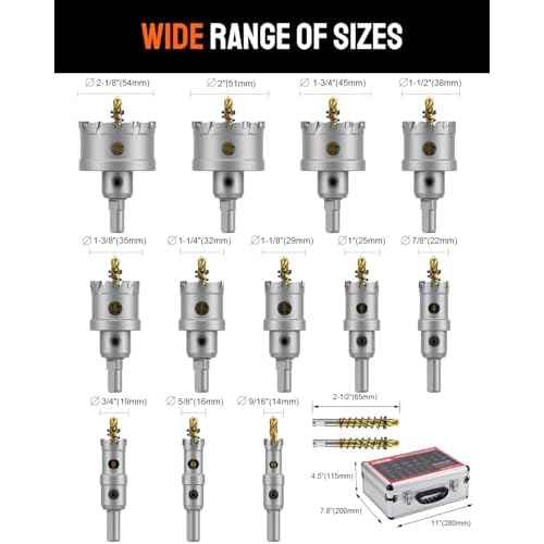Kolvoii 14 PCS TCT Hole Saw Kit for Hard Metal, 9/16"-2-1/8" Tungsten Carbide Tipped Hole Saw Drill Bit Heavy Duty Carbide Hole Cutter Set with Aluminum Box 2 Extra Pilot Drill Bits