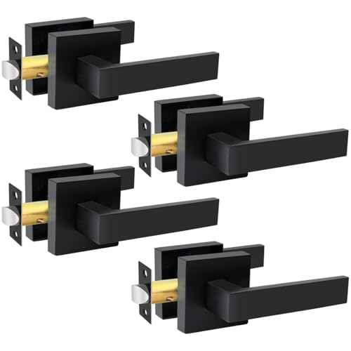 KAMOTA Passage Door Levers, 4 Pack Black Heavy-Duty Door Handles, Square Non-Locking Door Knobs, Right and Left Handed for Closets, Hallways and Conference Rooms